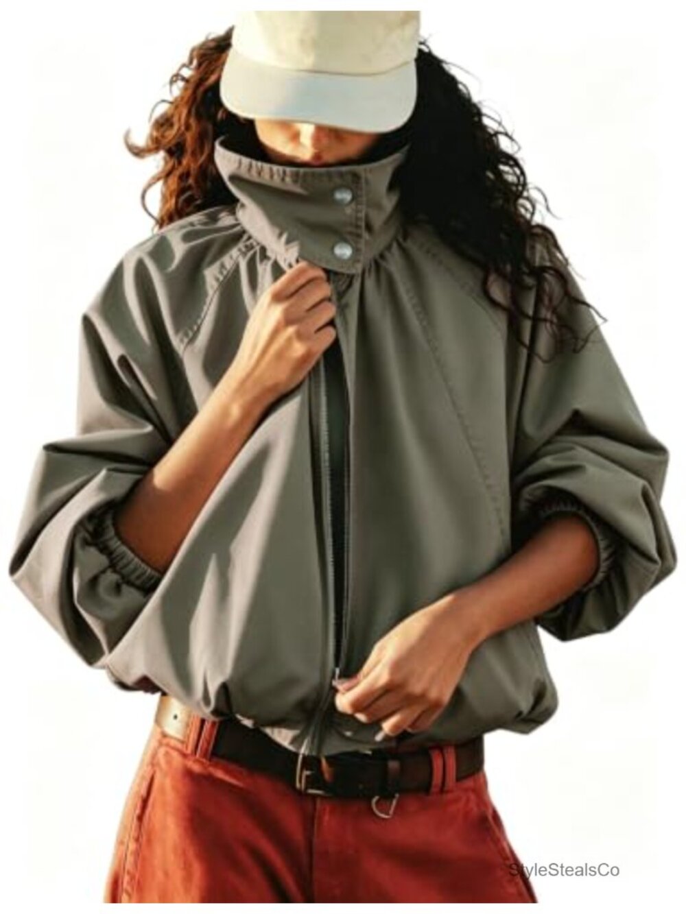 Oversized Funnel Neck Trench Coat with Zip Front and Snap Button